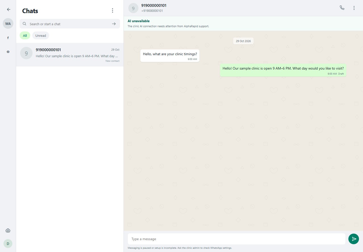 Actual Rapivexa inbox with fictional messages in a sample clinic. This screenshot demonstrates the layout, not a successful live Meta send.
