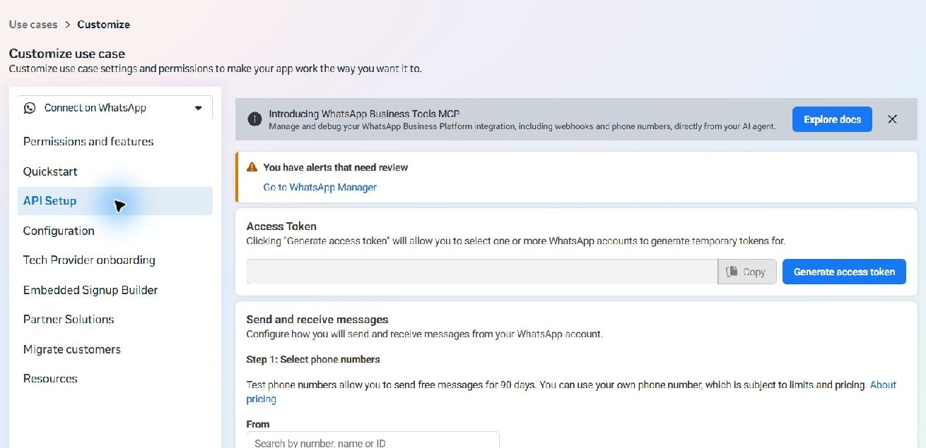 Meta API screen · API Setup has a temporary-token button. For the ongoing server connection, follow the System User token section instead of relying on a test token.