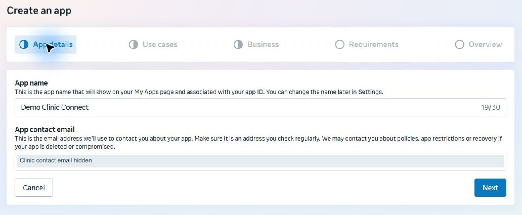 Meta screen 2 · Enter your own app name and a monitored clinic contact email. “Demo Clinic Connect” is an example; the email is hidden.
