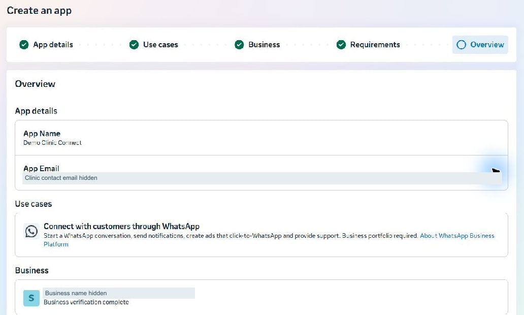 Meta screen 6 · Review the app details, use case and business. When creating your actual app, continue to Create app at the bottom. This example was cancelled before submission.