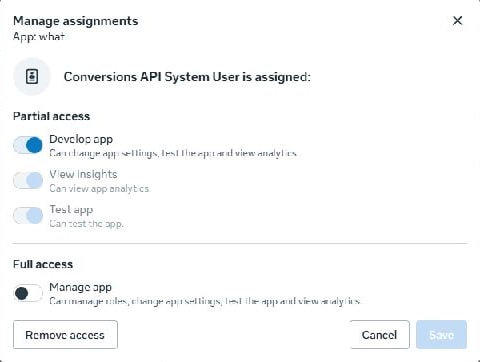 Meta token screen 2 · Inspect the app assignment. Develop app is shown as the existing app role in this example. No role was changed or saved for this screenshot.