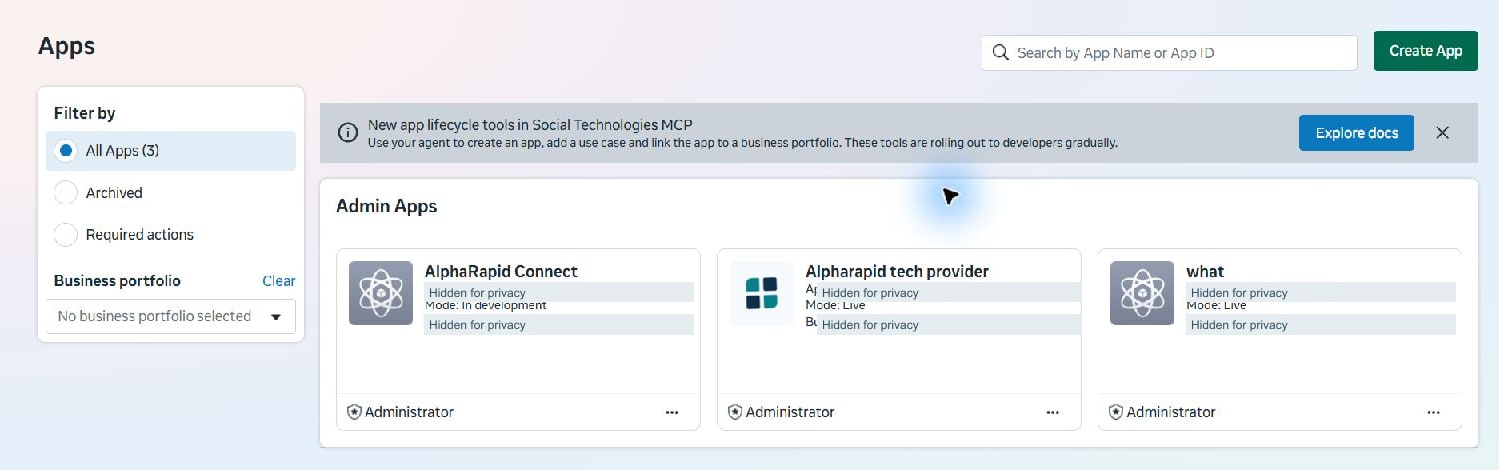 Meta screen 1 · Open My Apps and choose Create App. Existing app/account identifiers are hidden.