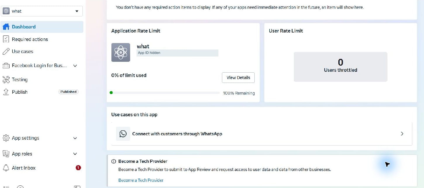 Meta screen 7 · After creating an app, open its WhatsApp use case from the dashboard. An existing app is shown here for navigation; its ID is hidden. The Tech Provider link is a separate platform-onboarding route.