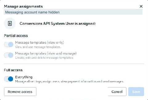Meta token screen 3 · Inspect the matching messaging-account assignment. Everything includes settings, user assignment, payment information and sending messages. Only the business owner should authorize that scope; nothing was changed here.