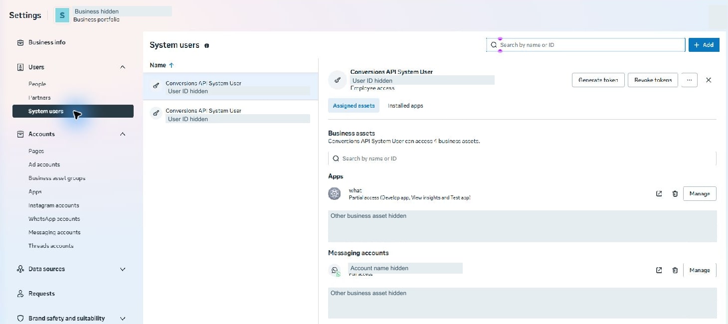 Meta token screen 1 · Open Business Settings → Users → System users. Inspect the selected user and its assigned app/messaging account. Identifiers and unrelated assets are hidden.