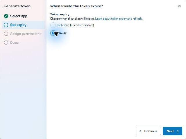 Meta token screen 5 · Select Never where Meta offers it. This removes scheduled expiry, not the possibility of revocation. No token was generated during this capture.