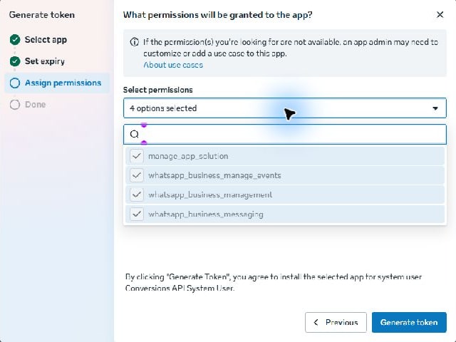 Meta token screen 6 · Check whatsapp_business_management and whatsapp_business_messaging. This Meta wizard preselected four locked permissions; required bundles can vary by app. Generate the actual token privately only when you intend to authorize the integration. This capture stopped before Generate token.