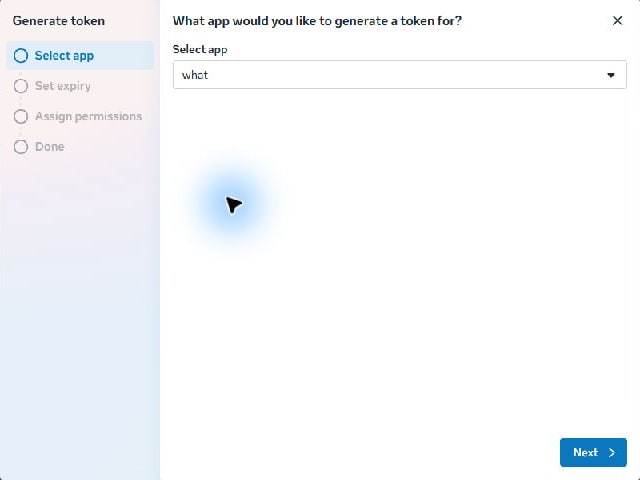 Meta token screen 4 · In Generate token, select the app belonging to this connection, then Next. Do not select an unrelated app just because it appears in the list.