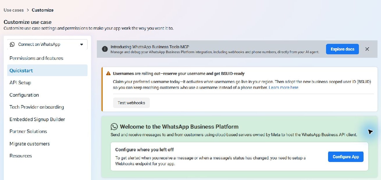 Meta screen 8 · The WhatsApp use case contains API Setup and Configuration. Use these tabs for your phone/account details and webhook.