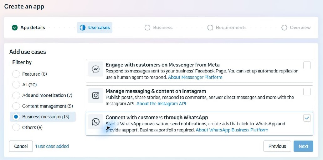 Meta screen 3 · Under Business messaging, select Connect with customers through WhatsApp, then Next.