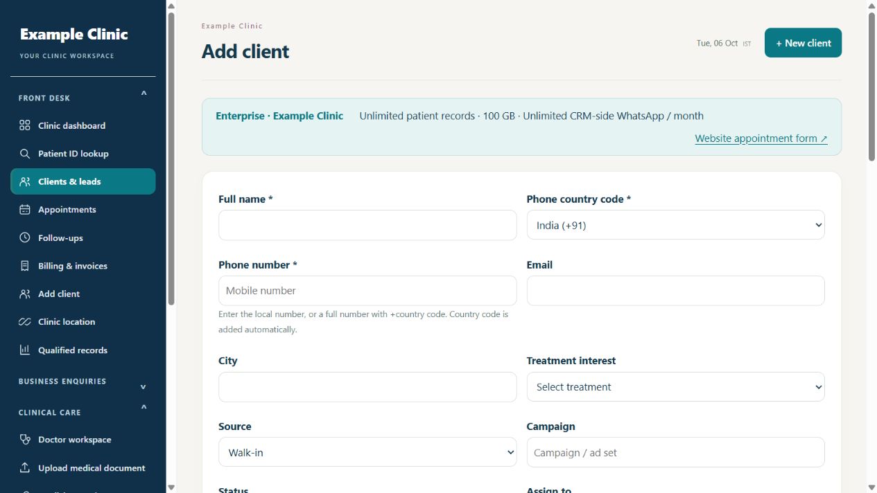 Rapivexa add client screen from a sample clinic