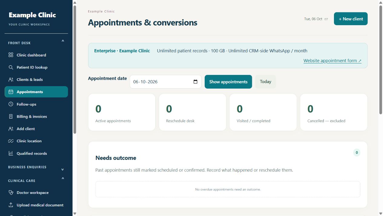 Rapivexa appointments screen from a sample clinic