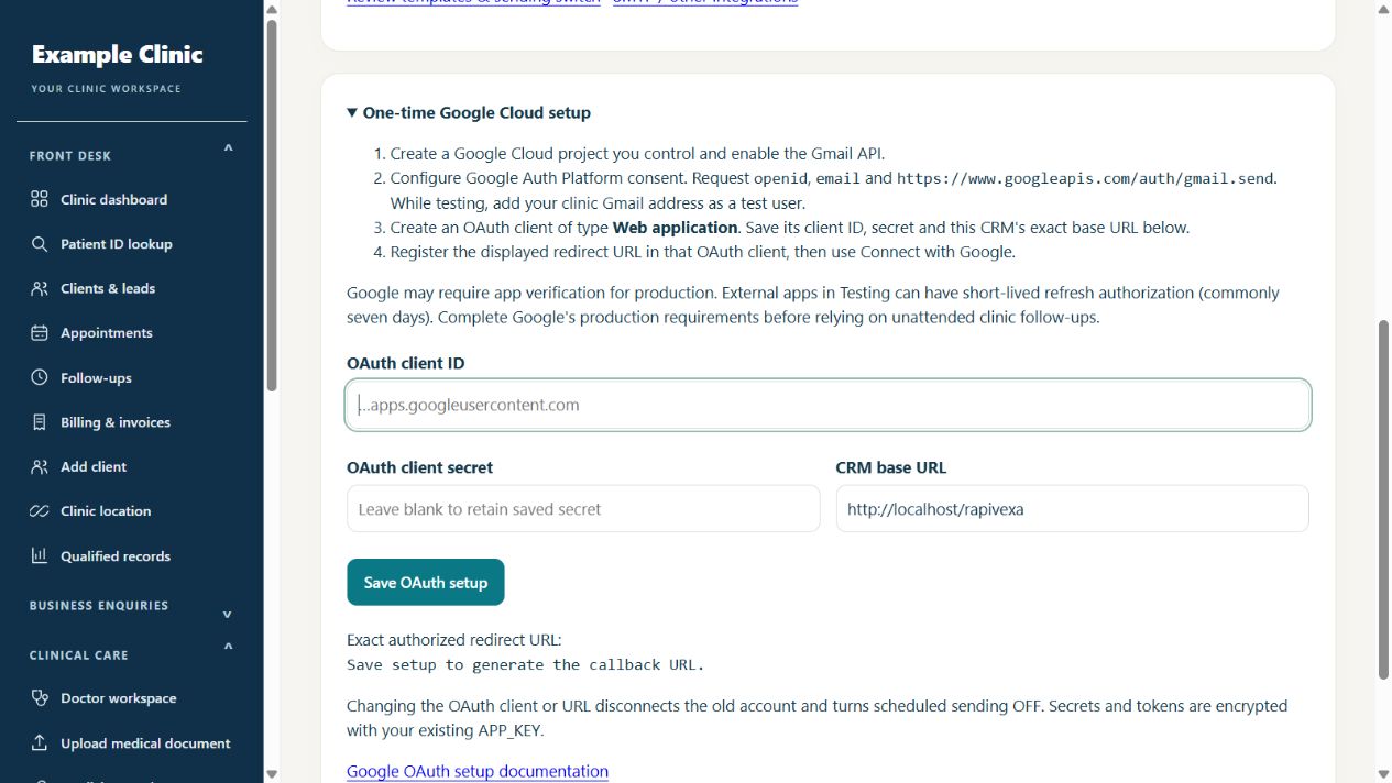 Rapivexa gmail settings screen from a sample clinic